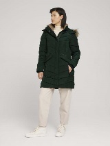 Prešita jakna v dolgem stilu s snemljivo kapuco iz umetnega krzna - Zelena_93984