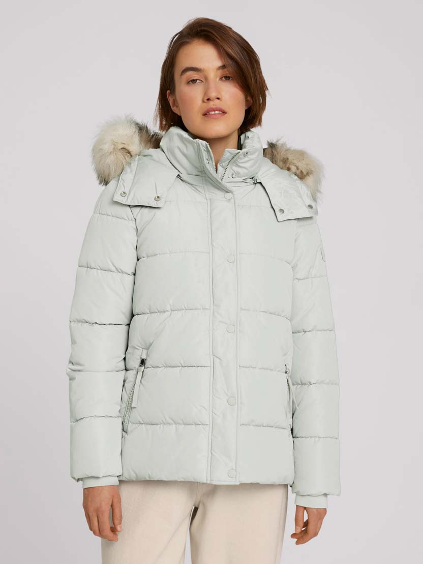 Prošivena pernata zimska jakna s odvojivom kapuljačom i umjetnim krznom - Zelena_1829180