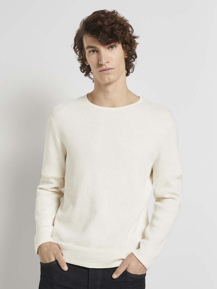 Pleteni pulover z dolgimi rokavi z okroglim izrezom - Bela