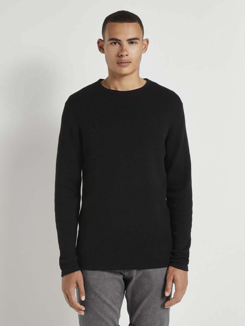 Pleteni pulover z dolgimi rokavi z okroglim izrezom - Črna