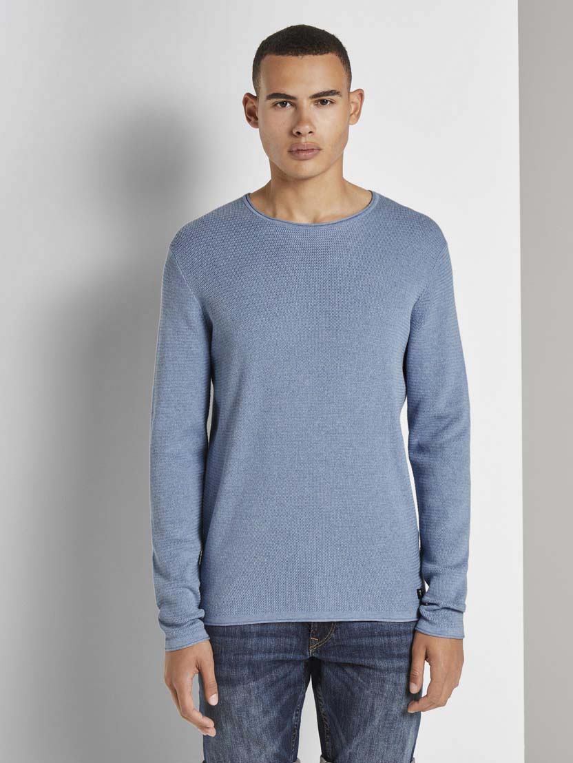 Pleteni pulover z dolgimi rokavi z okroglim izrezom - Modra-1016090-21438