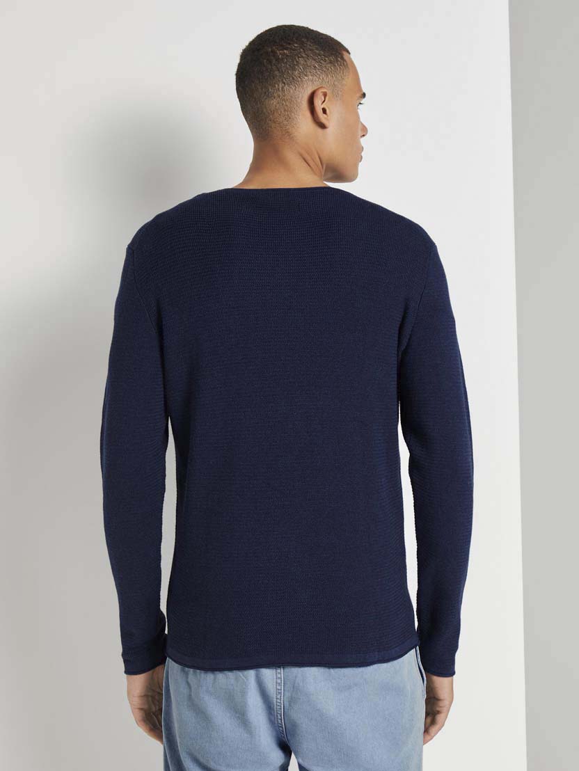 Pleteni pulover z dolgimi rokavi z okroglim izrezom - Modra_4660891