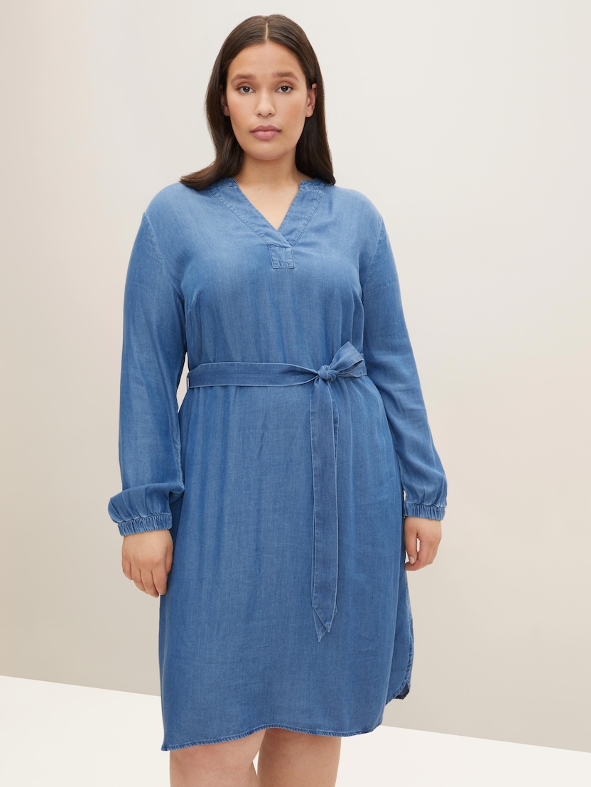  Tencel haljina dugih rukava srednje dužine sa kaišem - Plava-1030139-10110-15