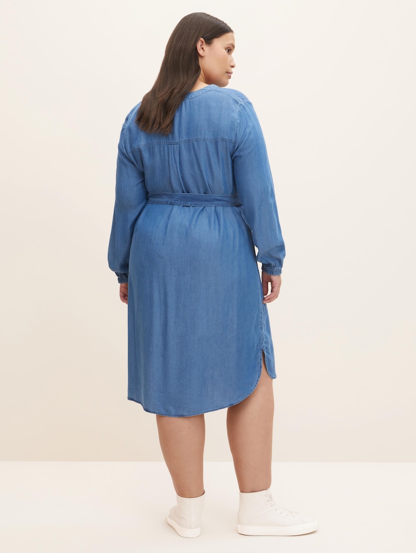 Tencel haljina dugih rukava srednje dužine sa kaišem - Plava_611548