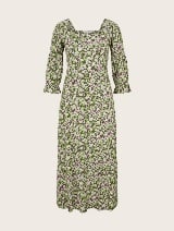 Srednje dolga obleka s potiskom majhnih cvetlic in razporkom - Vzorec/večbarvna_6880437