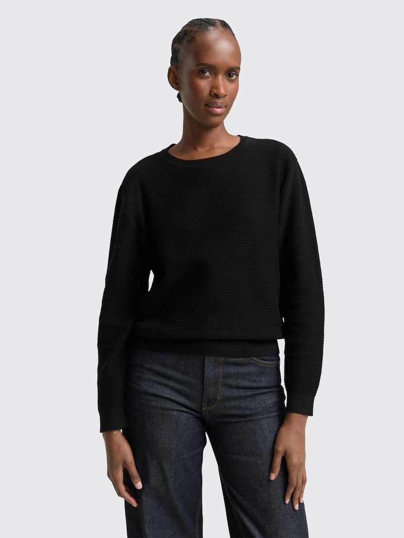 Strukturirani pleteni pulover - Crna_4561455