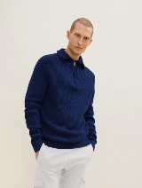 Večbarvni pleteni pulover s poudarjenim ovratnim delom - Modra_5681121